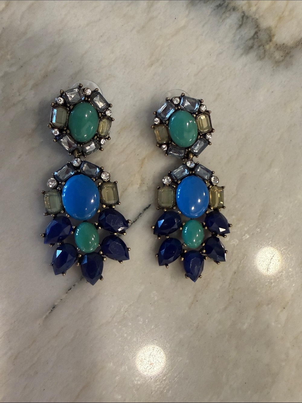 Multi-Blue Statement Drop Earrings - Teal & Navy Crystal Accents